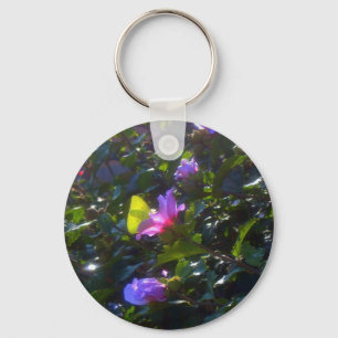 Yellow Butterfly on Pink Rose of Sharon Key Ring