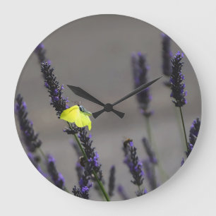 Yellow Butterfly on Purple Lavender Macro Photo Large Clock