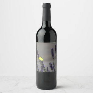 Yellow Butterfly on Purple Lavender Macro Photo Wine Label