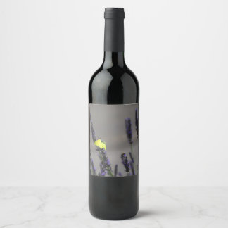 Yellow Butterfly on Purple Lavender Macro Photo Wine Label