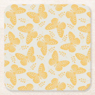 Yellow butterfly pattern on grey background square paper coaster