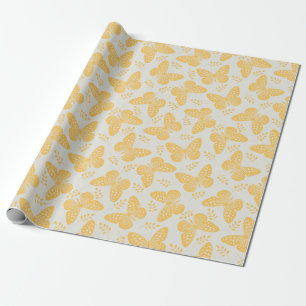 Yellow butterfly pattern on grey background wrapping paper