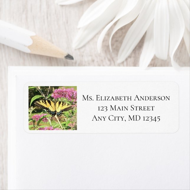 Yellow Butterfly Pink Flowers Return Address (Insitu)