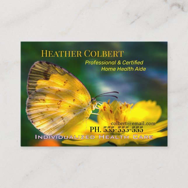 Yellow Butterfly Trustworthy Caregiver Business Card (Front)
