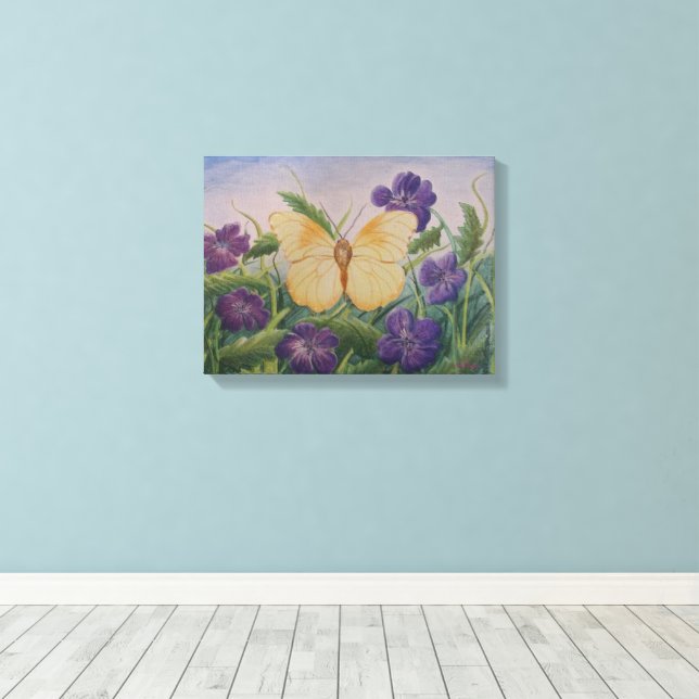 Yellow Butterfly With Flowers Canvas Print (Insitu(Wood Floor))