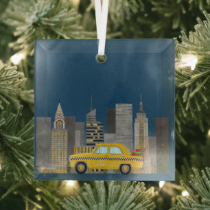 Yellow Cab in the City Customisable Glass Tree Decoration
