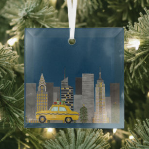 Yellow Cab in the City Customisable Glass Tree Decoration