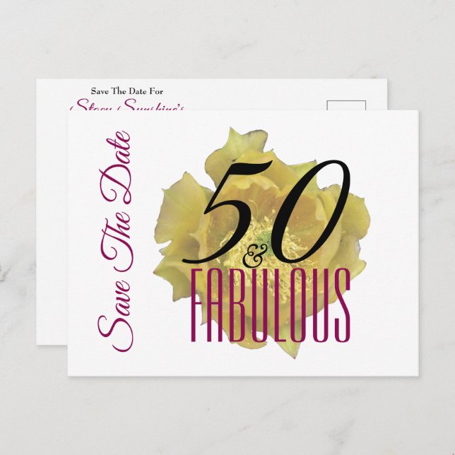 Yellow Cactus Flower 50 and Fabulous Save The Date Announcement Postcard (Front/Back)
