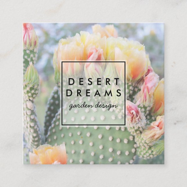 Yellow Cactus Flower Desert Garden Photo Travel Square Business Card (Front)