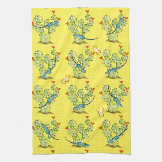 Yellow Cactus Lizard Butterfly Desert Southwest Tea Towel (Vertical)