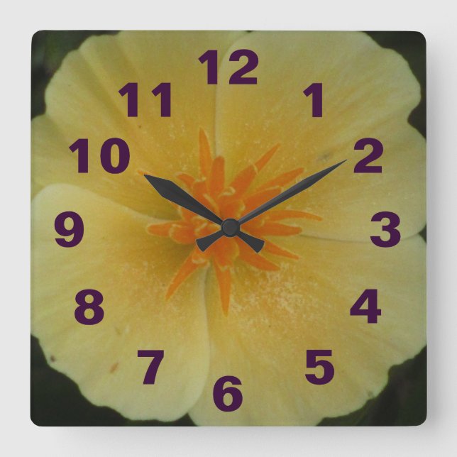 Yellow California Flower Square Wall Clock (Front)