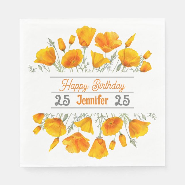 Yellow California Poppies Personalised Napkin (Front)