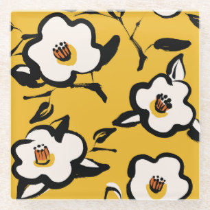Yellow Camellia, sketchy floral vintage. Glass Coaster