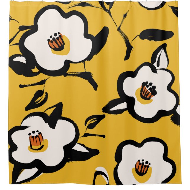 Yellow Camellia, sketchy floral vintage. Shower Curtain (Front)