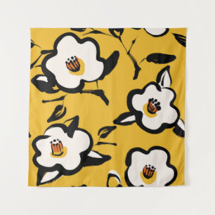 Yellow Camellia, sketchy floral vintage. Tapestry