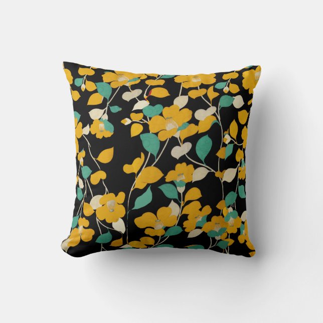 YELLOW CAMELLIAS,WHITE GREEN LEAVES BLACK Floral Cushion (Front)