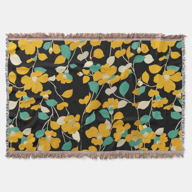 YELLOW CAMELLIAS,WHITE GREEN LEAVES BLACK Floral Throw Blanket (Front)