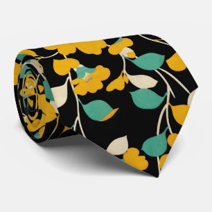 YELLOW  CAMELLIAS,WHITE GREEN LEAVES BLACK Floral Tie