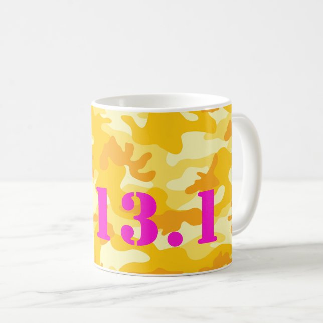 Yellow Camo Hot Pink 13.1 Half Marathon Run Fun Coffee Mug (Front Right)
