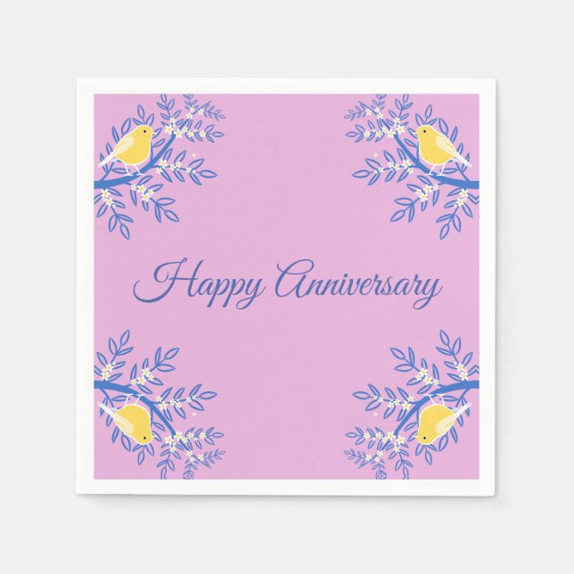 Yellow Canary bird, blue branches, pink Napkin (Front)