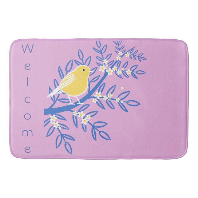 Yellow Canary Bird Denim Blue On Pink Bath Mat (Front)