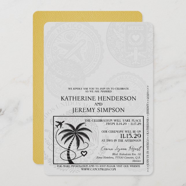 Yellow Cancun Passport Wedding Invitation (Front/Back)
