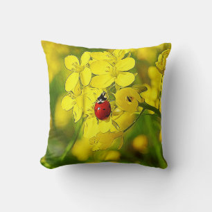 Yellow Canola Flower Good Luck Red Ladybug Cushion