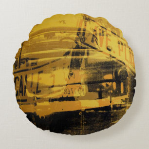 Yellow Car and Street Sign Round Cushion