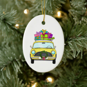 Yellow Car with Christmas Gifts Ceramic Tree Decoration