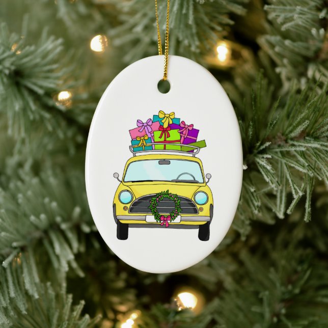 Yellow Car with Christmas Gifts Ceramic Tree Decoration (Tree)