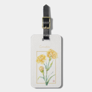 Yellow Carnation Botanical Watercolor Custom Name Luggage Tag
