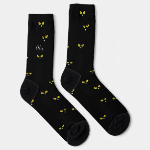 Yellow Cat Eyes on Black Best Halloween Party Socks