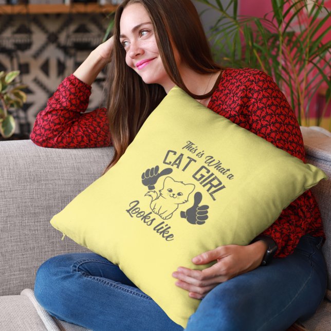 Yellow Cat Girl Looks Like Thumbs Up Throw Pillow (Creator Uploaded)