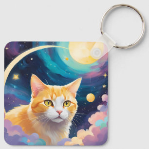 Yellow Cat in Pastel Abstract Dreamscape Key Ring