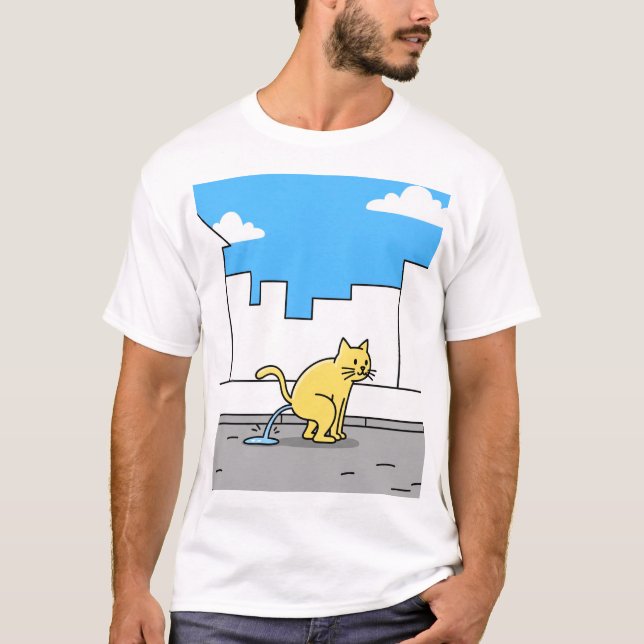 Yellow Cat Peeing City Sidewalk Pet Waste T-Shirt (Front)