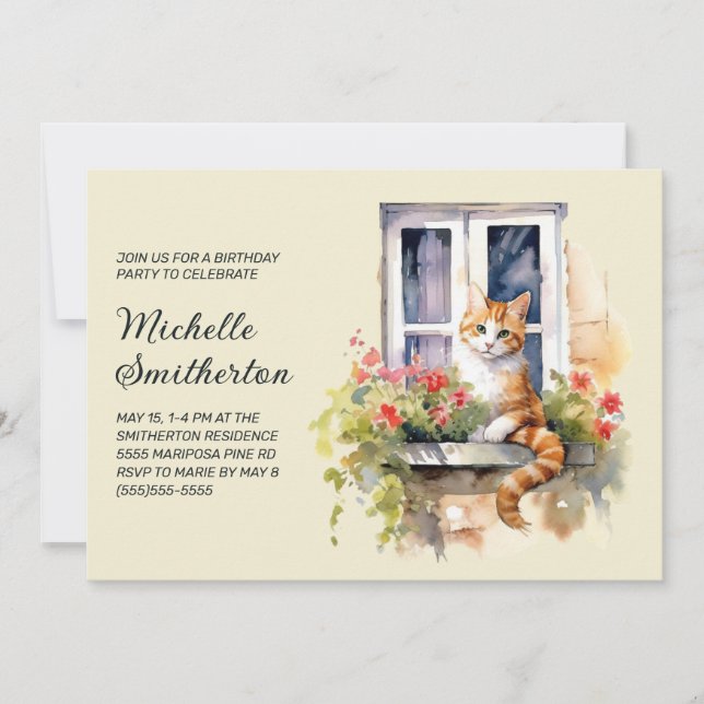 Yellow Cat Window Flowers Birthday  Invitation (Front)