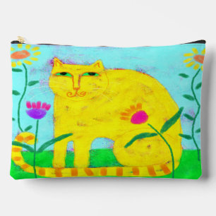 Yellow Cat with Flowers Abstract Art Accessory Pouch