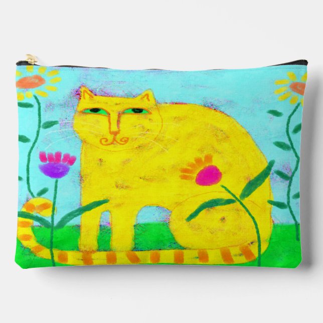 Yellow Cat with Flowers Abstract Art Accessory Pouch (Front)