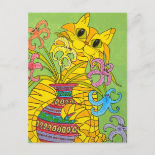 Yellow Cat with Vase of Lilies Postcard