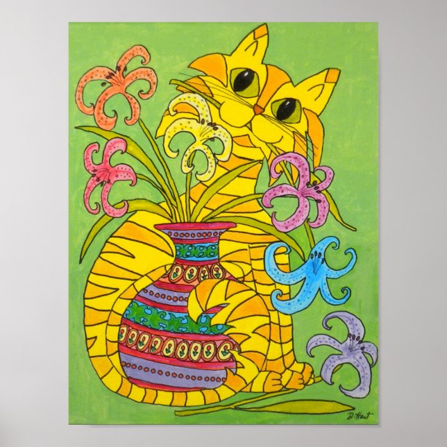 Yellow Cat with Vase of Lilies Poster (Front)