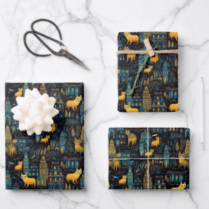 Yellow Cats in The City Night Ai Art Wrapping Paper Sheet
