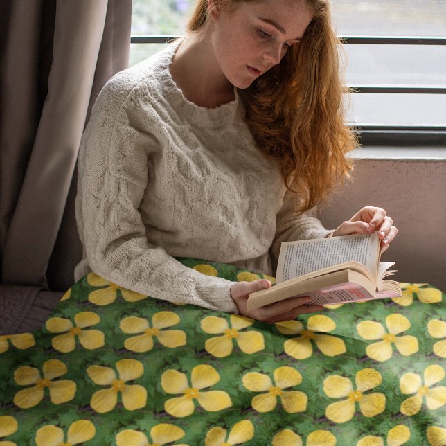 Yellow Celandine Poppy Floral Fleece Blanket (In Situ Front)