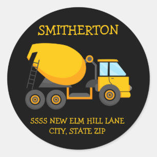 Yellow Cement Truck Child's Birthday Party Address Classic Round Sticker