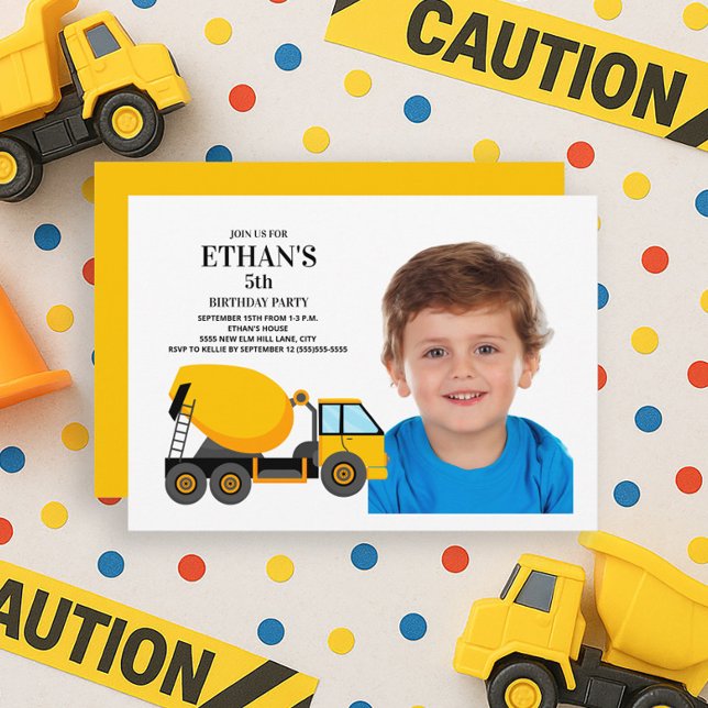 Yellow Cement Truck Child's Birthday Party  Invitation (Construction birthday party photo invitation)