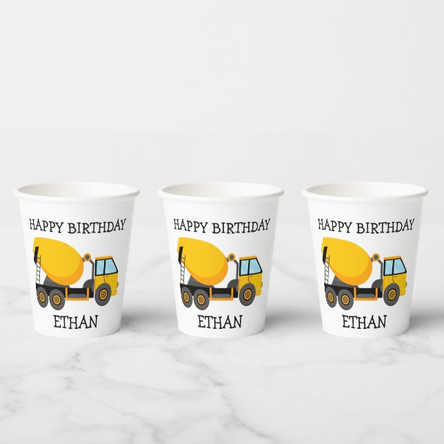 Yellow Cement Truck Child's Birthday Party Name Paper Cups (Multi)