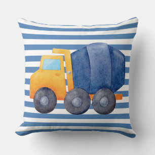 Yellow Cement Truck on Blue Striped Background Cushion