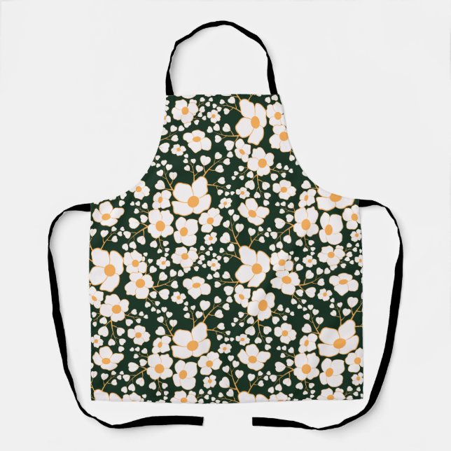 Yellow Centred White Flowers & Green Background Apron (Front)
