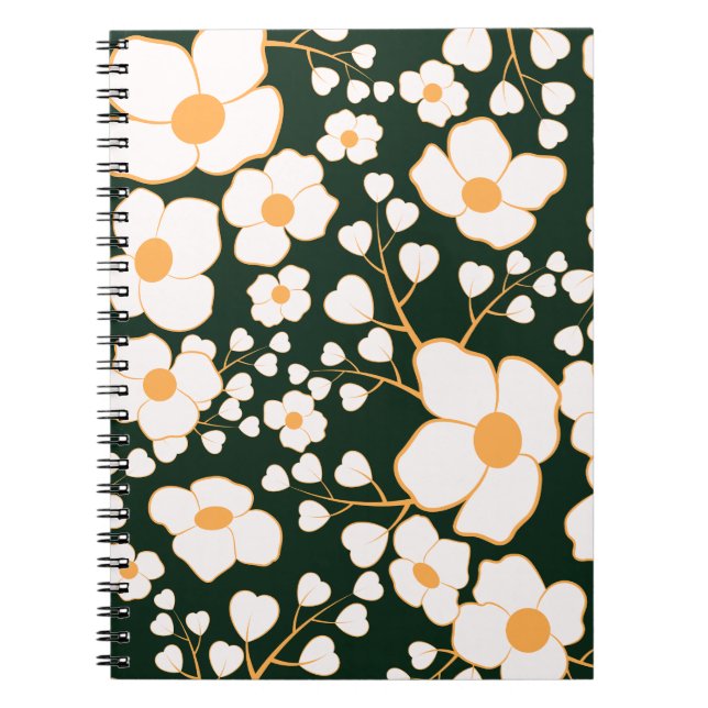 Yellow Centred White Flowers & Green Background Notebook (Front)