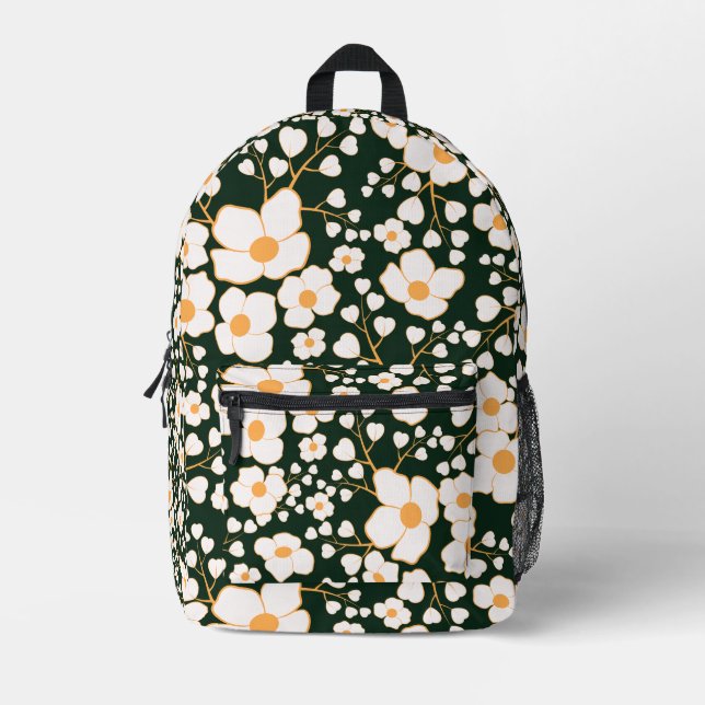Yellow Centred White Flowers & Green Background Printed Backpack (Front)