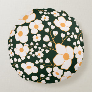 Yellow Centred White Flowers & Green Background Round Cushion